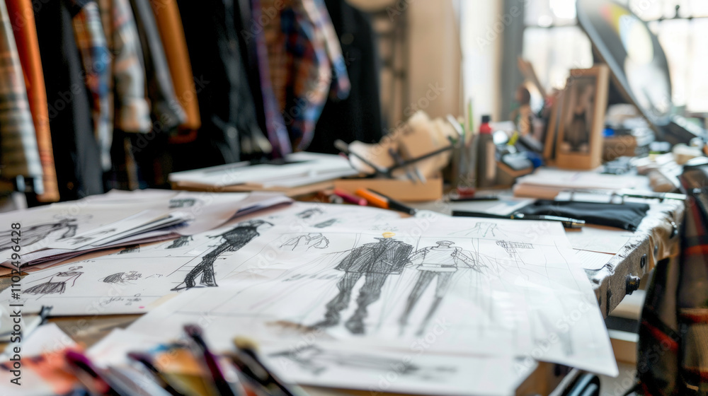 Fashion sketches lay scattered across a designer's desk in a creative workspace filled with fabric and tools Fashion sketches lay scattered across a designer's desk in a creative workspace filled with fabric and tools