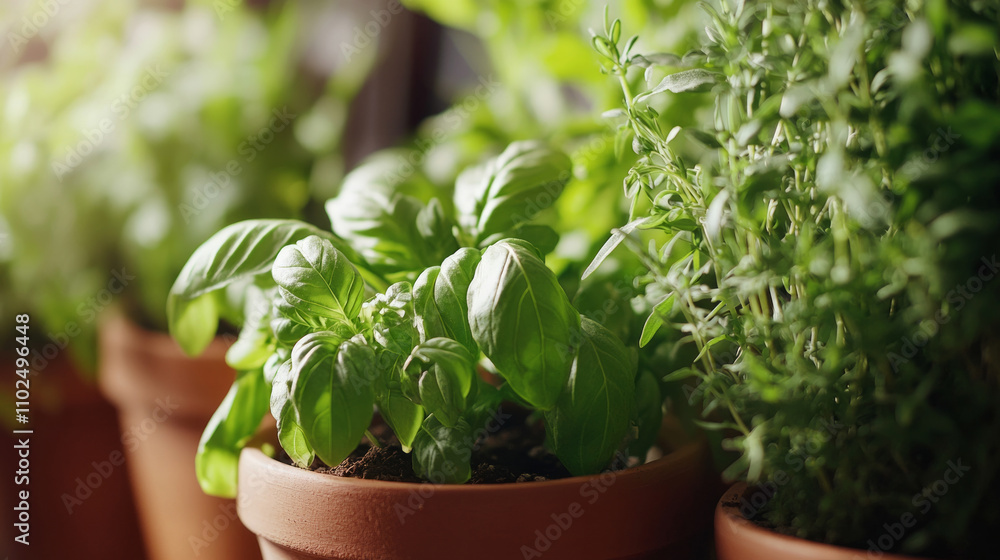 Fresh herbs thrive in pots with vibrant green leaves and rich soil in a cozy indoor setting for culinary delights Fresh herbs thrive in pots with vibrant green leaves and rich soil in a cozy indoor setting for culinary delights