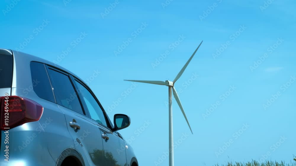 Clean energy. Silver car is parked near a large, white wind turbine generating clean energy on a bright sunny day with a clear blue sky Clean energy. Silver car is parked near a large, white wind turbine generating clean energy on a bright sunny day with a clear blue sky