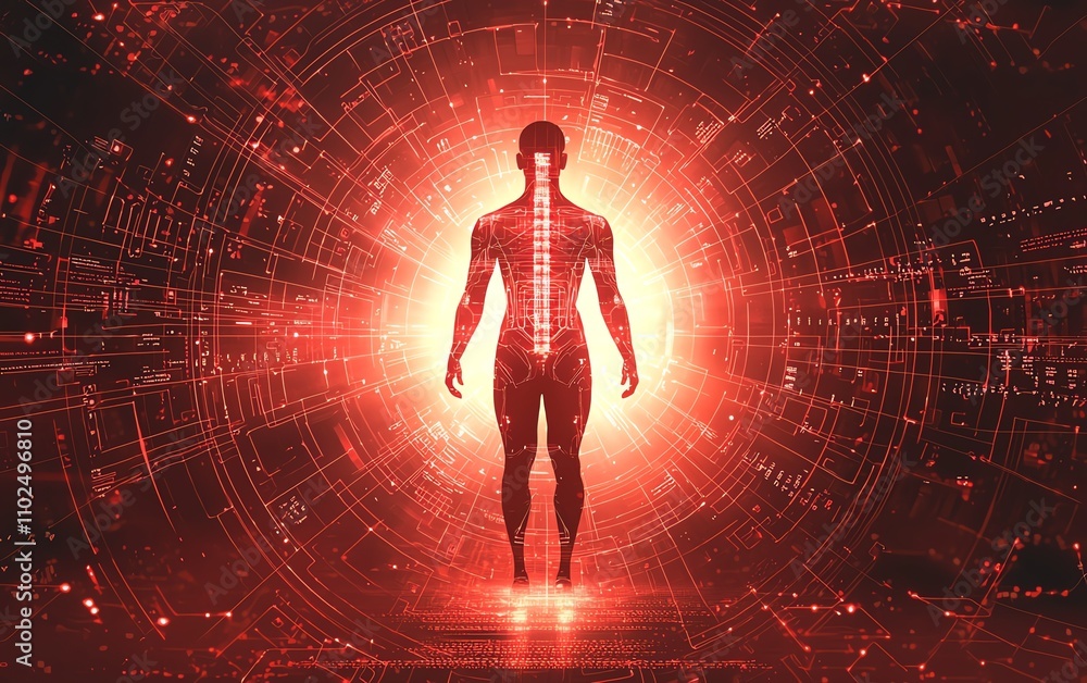 Futuristic human silhouette transforming through technological light exposure, digital metamorphosis Futuristic human silhouette transforming through technological light exposure, digital metamorphosis