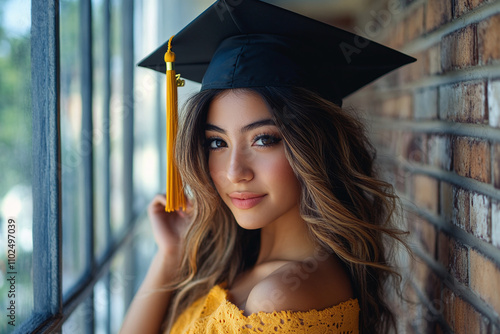 Portrait photography of fresh college graduate hispanic young woman, graduation cap, black and yellow outfit, celebration. photo