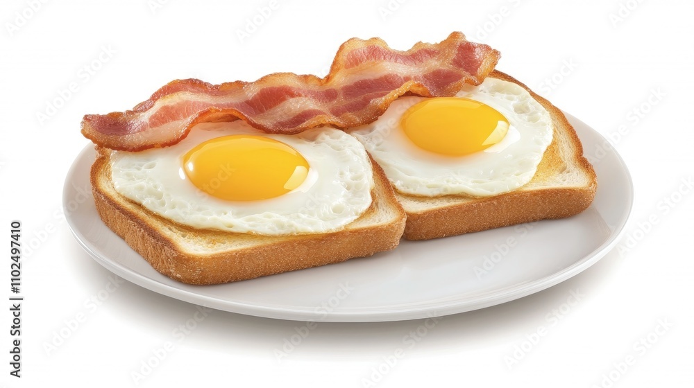 Two slices of golden toast hold sunny-side-up eggs and crispy bacon, presented beautifully on a white plate for a satisfying breakfast