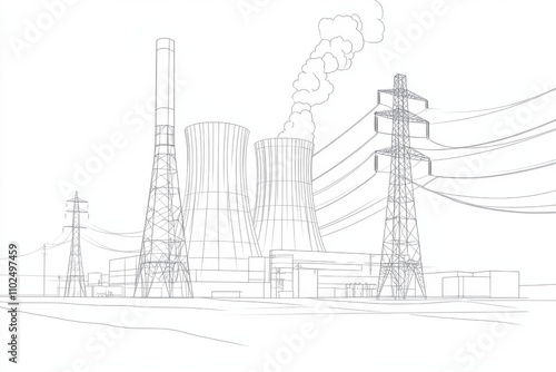 Line art illustration of a thermal power plant with a central building, cylindrical cooling towers with wavy steam lines on a white background. AI generated.
