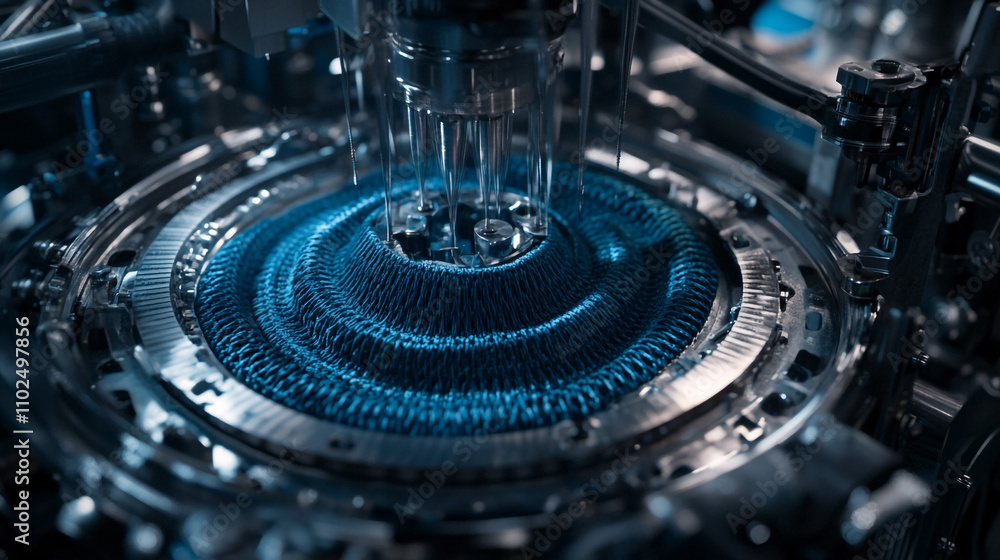Industrial Knitting Machine Close Up Textile Manufacturing Process Blue Fabric Productio Industrial Knitting Machine Close Up Textile Manufacturing Process Blue Fabric Productio