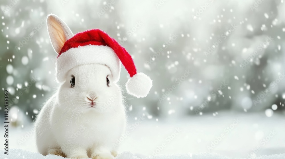 White rabbit wearing a Santa hat in a snowy winter wonderland, AI White rabbit wearing a Santa hat in a snowy winter wonderland, AI