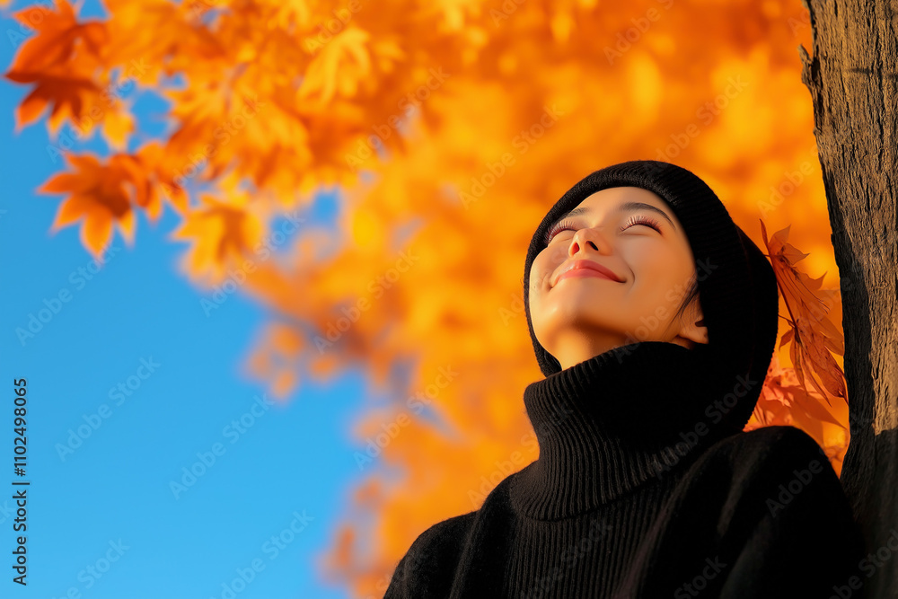 Woman in black sweater enjoying autumn sunlight under vibrant orange leaves. Woman in black sweater enjoying autumn sunlight under vibrant orange leaves.
