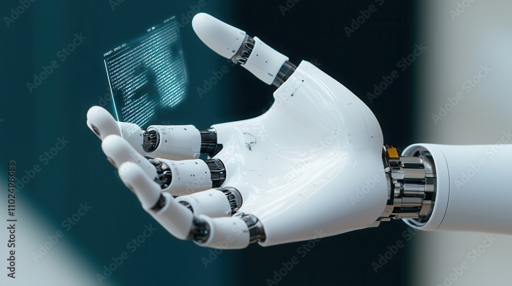 Technologist innovation concept, A robotic hand displays a holographic image, symbolizing advancements in technology and human-robot interaction. Technologist innovation concept, A robotic hand displays a holographic image, symbolizing advancements in technology and human-robot interaction.