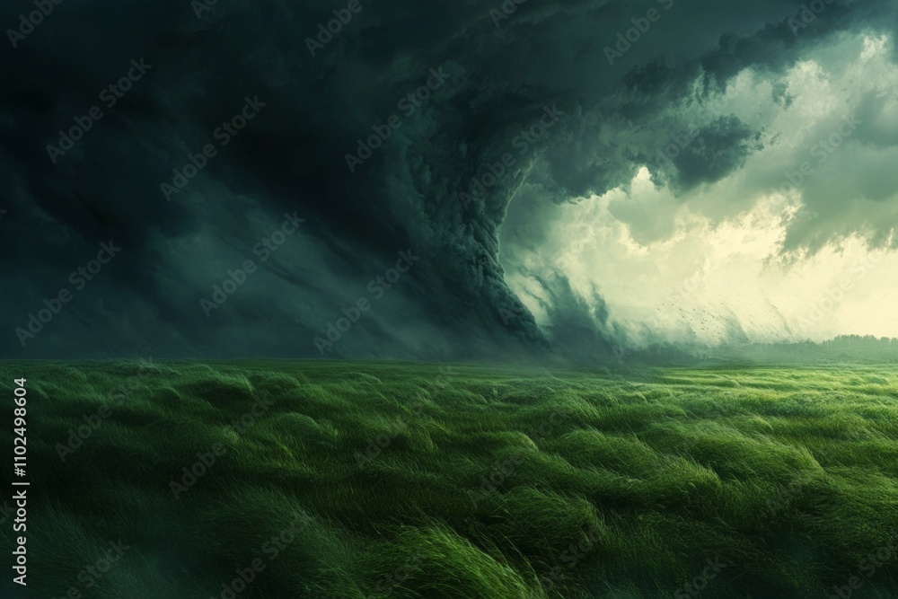 Ominous tornado descends from dark storm clouds over a vast green field, showcasing nature s fury Ominous tornado descends from dark storm clouds over a vast green field, showcasing nature s fury