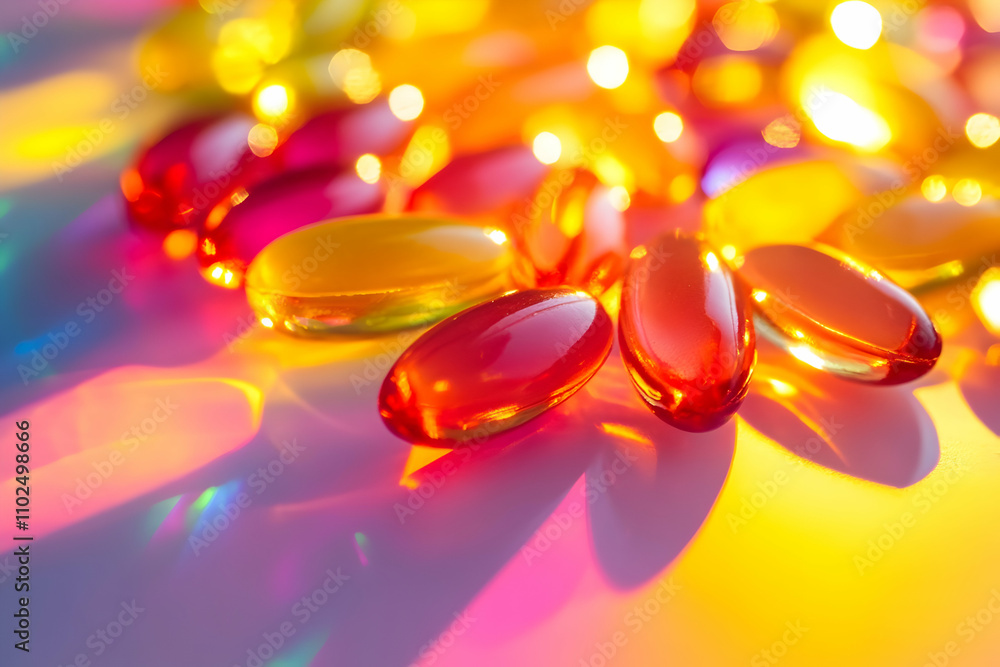 Brightly colored capsules dot the surface, reflecting soft light and evoking a warm feel Brightly colored capsules dot the surface, reflecting soft light and evoking a warm feel