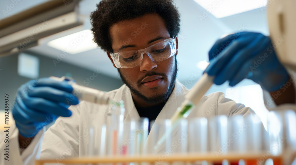 Scientist carefully adding liquid to test tubes during an experiment in a laboratory setting Scientist carefully adding liquid to test tubes during an experiment in a laboratory setting