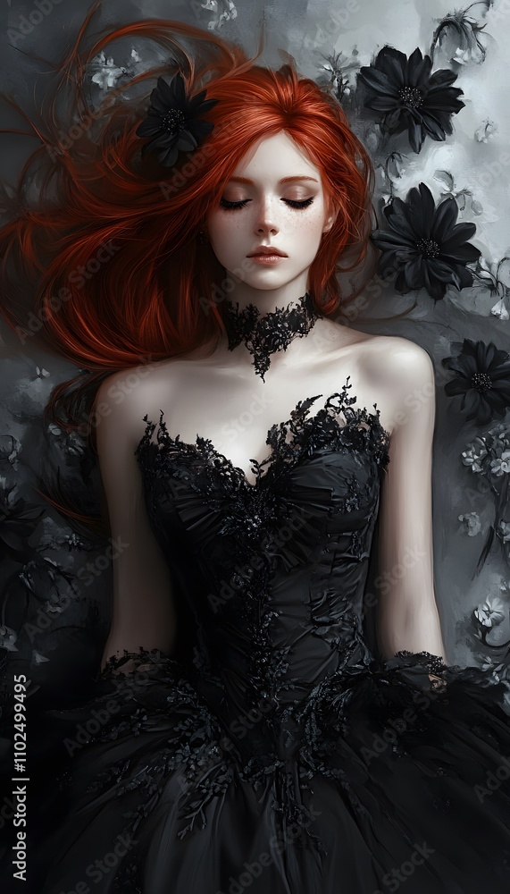 Beautiful redhead woman in black dress and black flower Beautiful redhead woman in black dress and black flower
