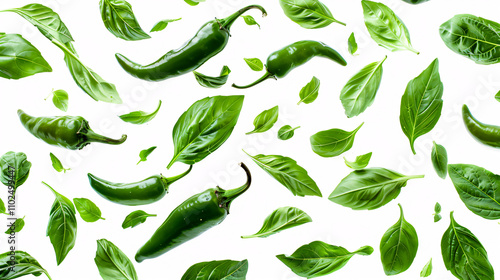 Flying green jalape�o peppers and fresh basil leaves against a white background.