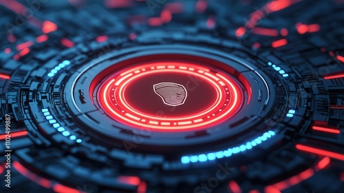 Technologist innovation concept, A futuristic, glowing circular design with red and blue accents, featuring a central emblem that suggests technology or artificial intelligence.