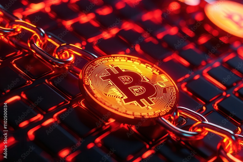 Fototapeta premium Technologist innovation concept, A glowing Bitcoin coin on a dark, textured surface, symbolizing digital currency and blockchain technology.