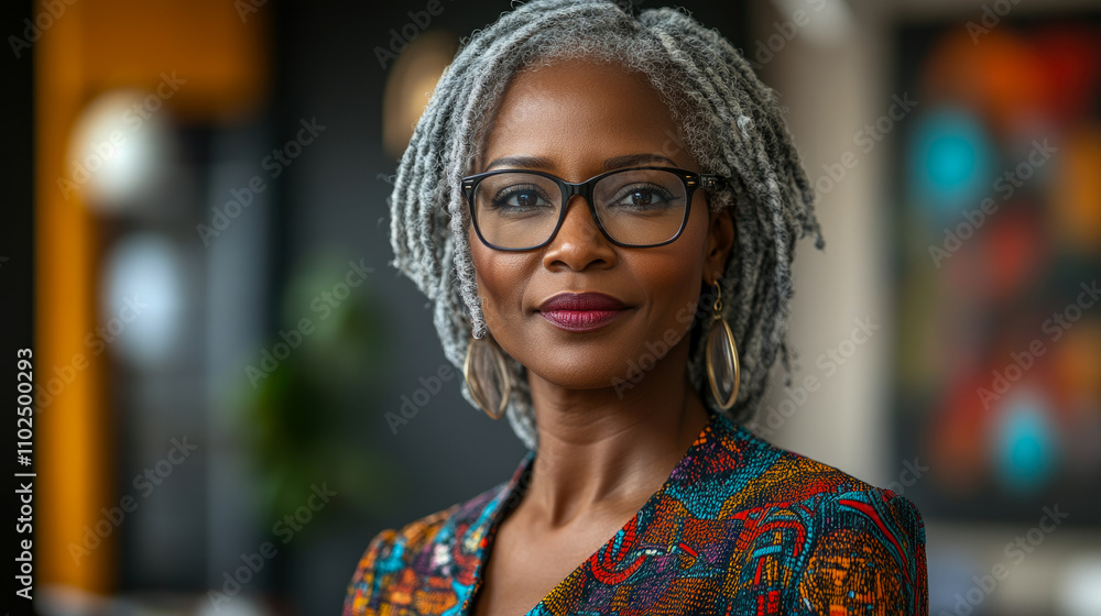 Woman with silver hair and glasses stands confidently indoors, showcasing a vibrant ethnic print outfit against a softly blurred background Woman with silver hair and glasses stands confidently indoors, showcasing a vibrant ethnic print outfit against a softly blurred background