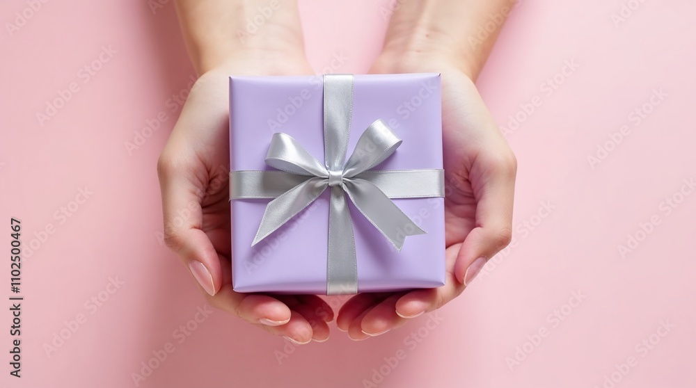 Hands holding lavender gift box with silver ribbon on pink background Hands holding lavender gift box with silver ribbon on pink background