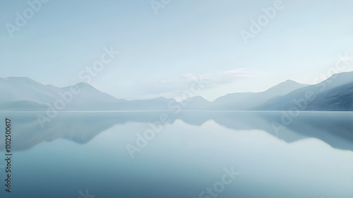 Tranquil Reflections: A Lake's Serene Mirror of Sky and Mountain Simplicity in White