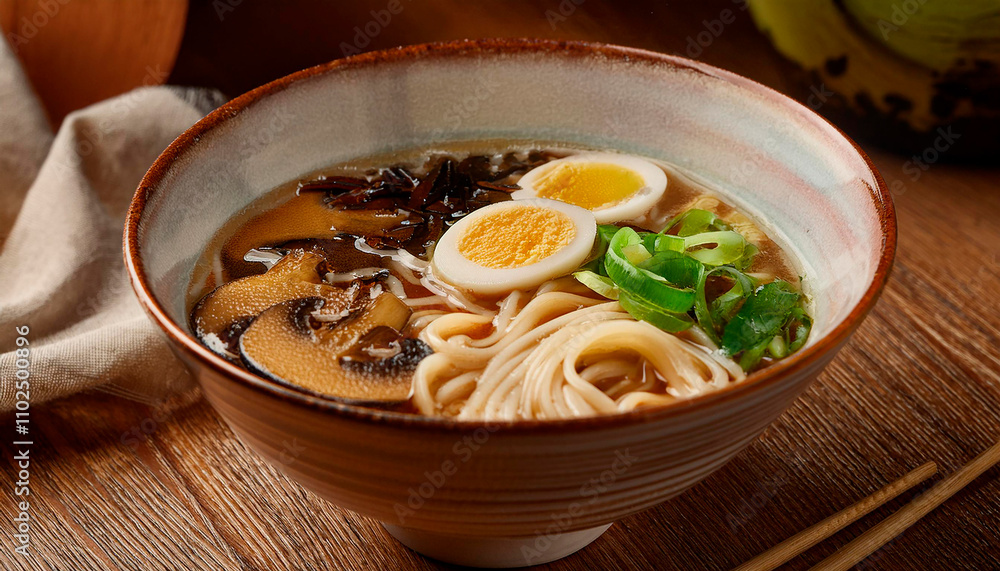 Asian ramen soup with noodles, mushrooms and pickled egg. Wooden table. Photo for the restaurant menu.
