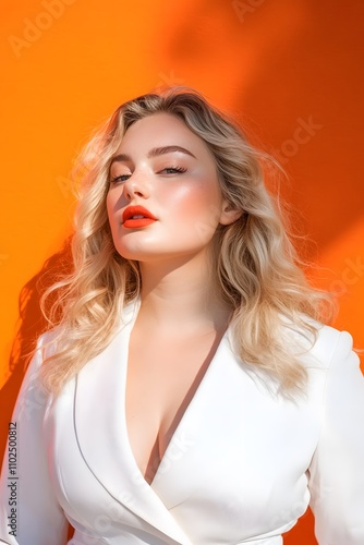 curvy confident blonde fashionable girl on orange background