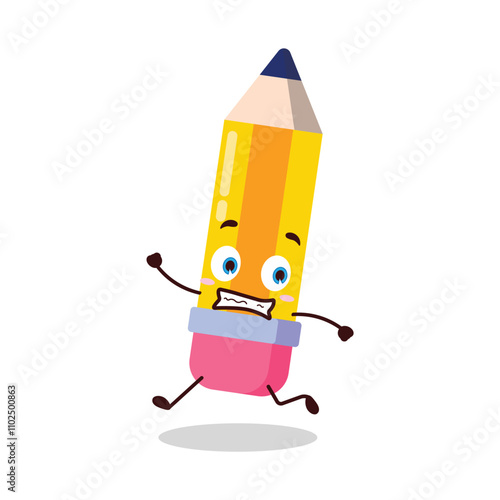 cute terrified running expression of pencil cartoon character