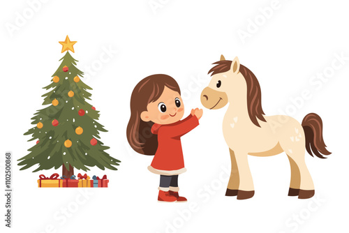 Cute cartoon girl hugs a pony on the background of a decorated Christmas tree