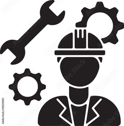 Illustration of a silhouette icon of a worker wearing a helmet, with a wrench and gear symbol integrated, representing construction or mechanical work