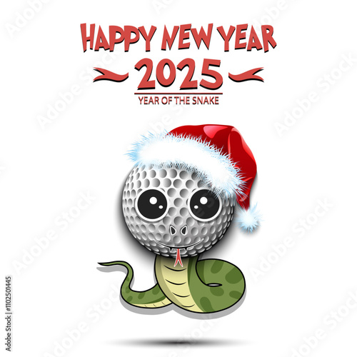 Happy New year. 2025 year of the snake. Cute muzzle snake in the form of a golf ball. Golf ball in the form of a snake. Greeting card design template. Vector illustration