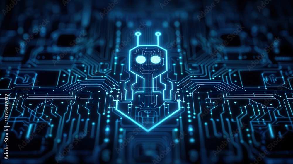Technologist innovation concept, A glowing robot icon on a circuit board background, showcasing a futuristic tech design with intricate blue lines and patterns. Technologist innovation concept, A glowing robot icon on a circuit board background, showcasing a futuristic tech design with intricate blue lines and patterns.