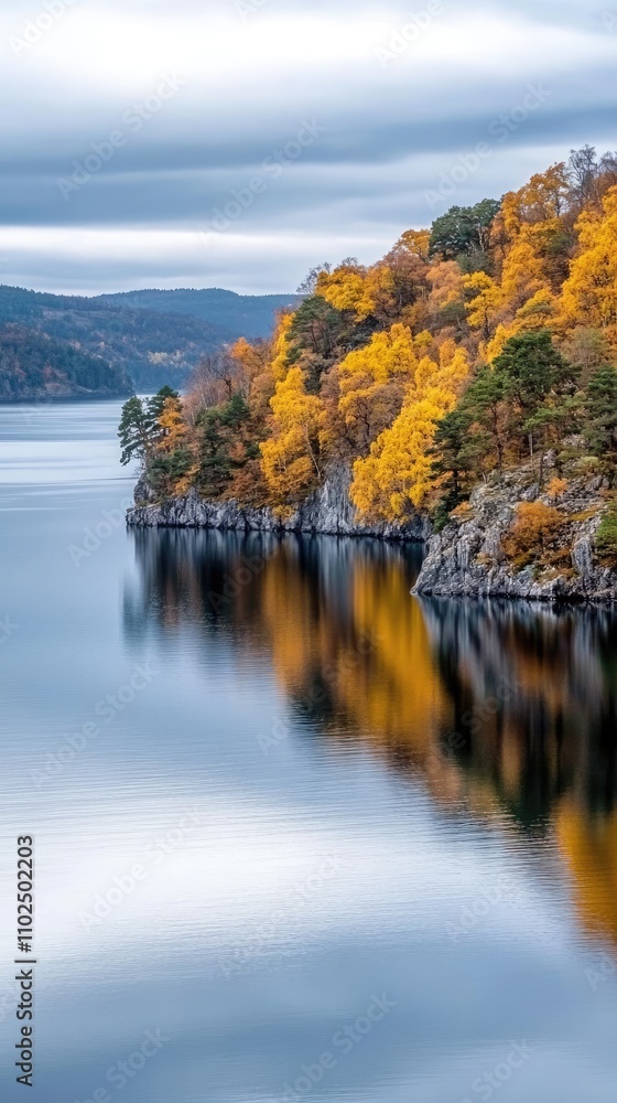 Fototapeta premium A breathtaking aerial perspective showcases a tranquil lake amidst vibrant autumn trees, highlighting the beauty of the Swedish wilderness