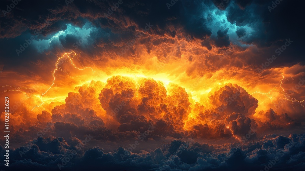 Dramatic clouds illuminated by orange and blue light, suggesting a stormy atmosphere. Dramatic clouds illuminated by orange and blue light, suggesting a stormy atmosphere.