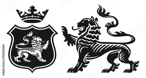 Heraldic lion. Royal coat of arms shield with animal and crown