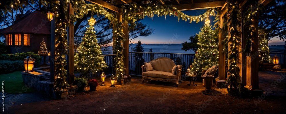 Obraz premium Magical Merry Christmas and Happy New Year Atmosphere Featuring Stunning Architecture, Festive Decor, and Glittering Snowflakes for Enchanting Holiday Designs