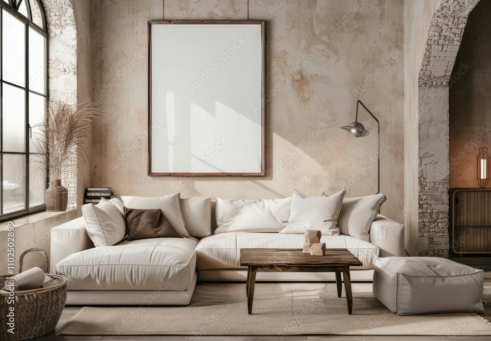 A cozy living room with a white sofa. a wooden coffee table. and a large blank canvas Sunlight streams through the windows. illuminating the space A cozy living room with a white sofa. a wooden coffee table. and a large blank canvas Sunlight streams through the windows. illuminating the space