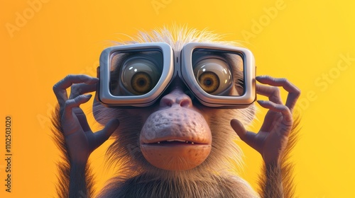 A playful and curious monkey wears large futuristic goggles against a bright yellow background, creating a humorous and vibrant scene. The exaggerated eyes and playful pose add charm to the image. AI