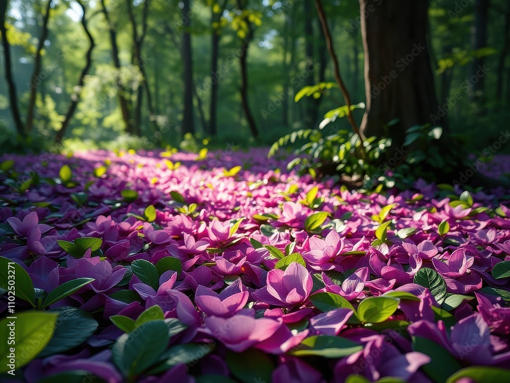 A bed of vibrant purple flower petals scattered among lush green leaves on the forest floor, forest life, nature, leaves A bed of vibrant purple flower petals scattered among lush green leaves on the forest floor, forest life, nature, leaves