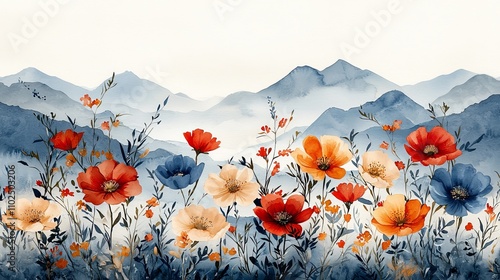 Fototapeta Naklejka Na Ścianę i Meble -  A serene watercolor landscape featuring vibrant flowers in the foreground and mountains in the background.