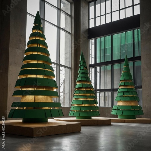 A contemporary Christmas tree created entirely from layers of recycled cardboar,300 DPI High Resolution photo