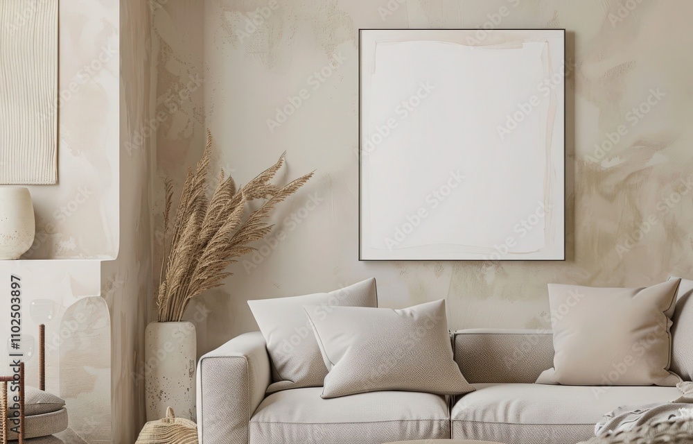 Minimalist living room interior with a white sofa. two wooden coffee tables. a round ottoman. and a large framed canvas on the wall Minimalist living room interior with a white sofa. two wooden coffee tables. a round ottoman. and a large framed canvas on the wall