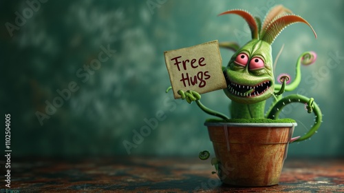 A cute and mischievous plant monster offers Free Hugs while standing in a small flowerpot. With wide eyes and sharp teeth, this playful design exudes charm and humor. AI generated.