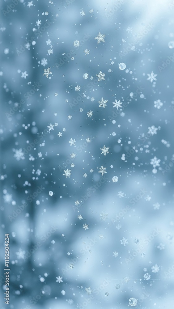 Fototapeta premium Snowflakes gently falling on a frozen windowpane, soft light, gentle fall