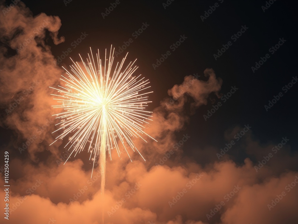 Sparkling white fireworks exploding in a cloud of smoke, explosive display, smoky atmosphere