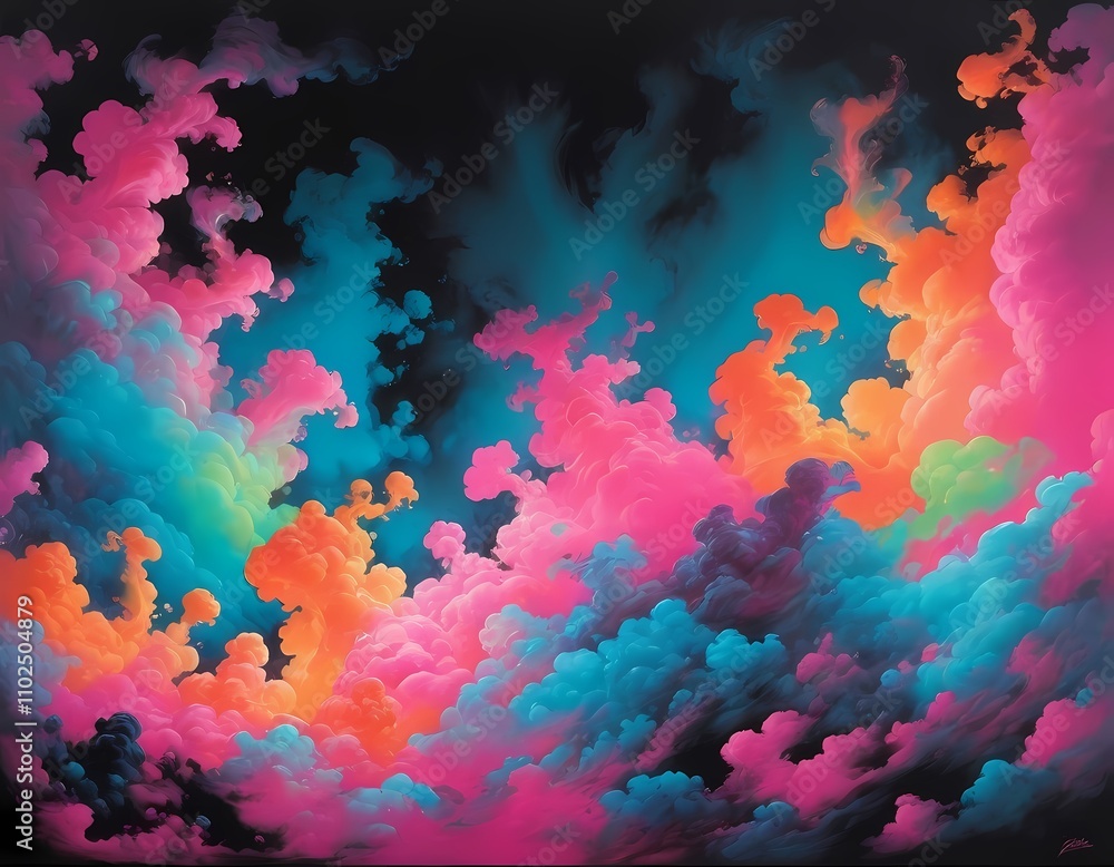 Colorful clouds mix in vibrant hues creating a stunning visual display against a dark background Colorful clouds mix in vibrant hues creating a stunning visual display against a dark background