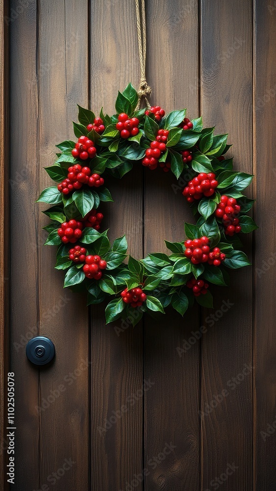 Holiday-themed wreath made of holly and red berries hanging on a wooden door, christmas decorations, winter, door Holiday-themed wreath made of holly and red berries hanging on a wooden door, christmas decorations, winter, door