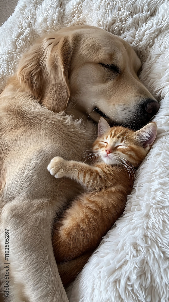 Obraz premium Adorable Dog and Kitten Cuddling Together