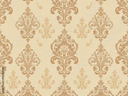 Classic damask design in neutral tones on a beige background, subtle texture, elegant decor, understated elegance, monochromatic color scheme