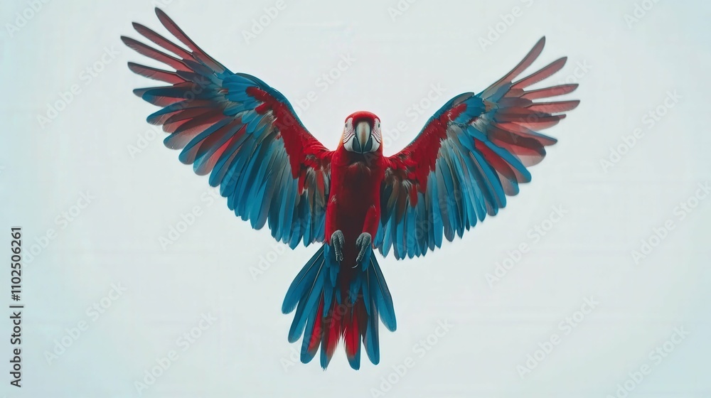 Obraz premium Parrot with vivid red and blue feathers flying, spread wings, white background, studio lighting,