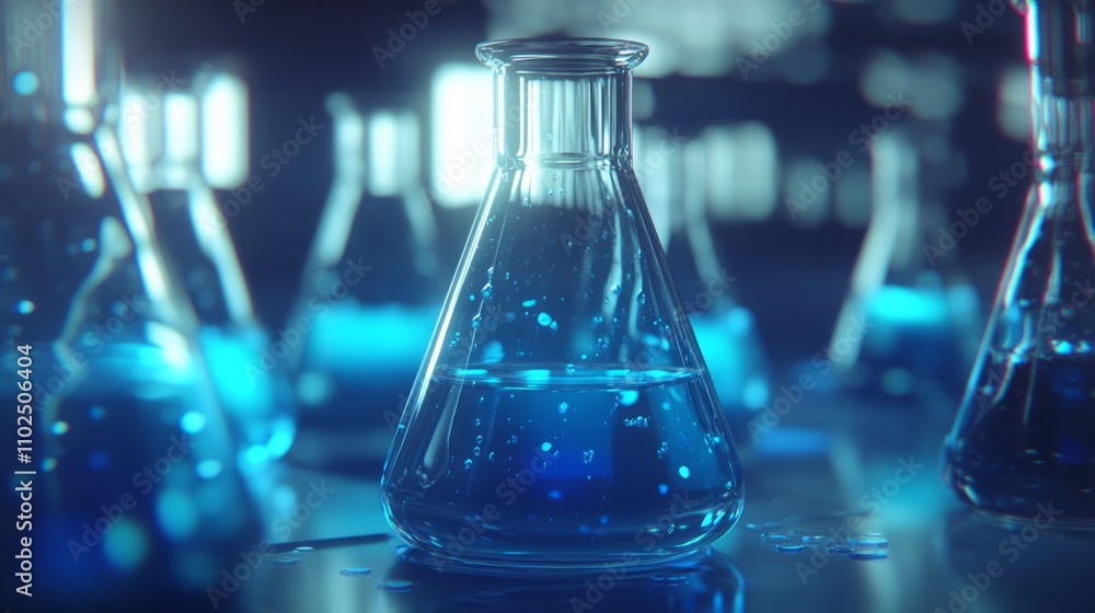Close-up of several Erlenmeyer flasks filled with a vibrant blue liquid, showcasing scientific research. Close-up of several Erlenmeyer flasks filled with a vibrant blue liquid, showcasing scientific research.