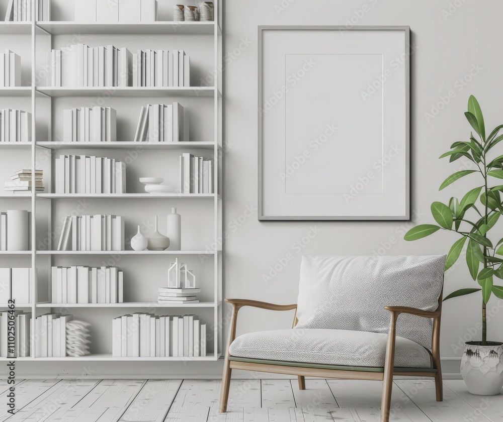 A cozy living room with a wooden bookshelf. armchair. and a blank frame on the wall A cozy living room with a wooden bookshelf. armchair. and a blank frame on the wall