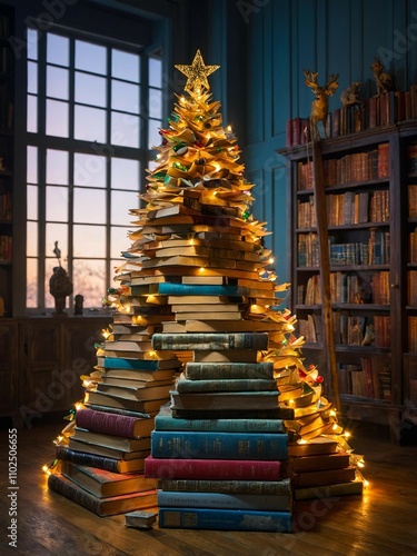 A creative Christmas tree made from stacks of colorful books arranged in a conical shape,300 DPI High Resolution photo