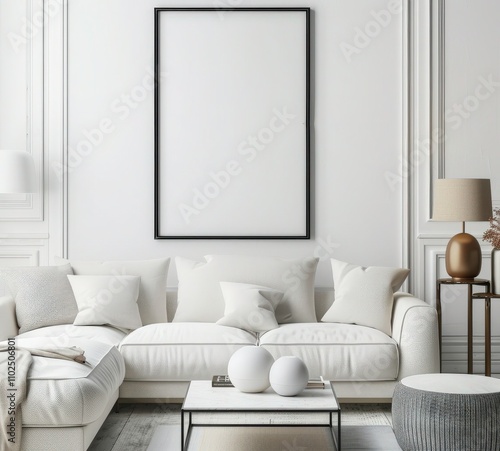 Minimalist living room interior with a large black framed poster above a white couch. coffee table. and floor lamp